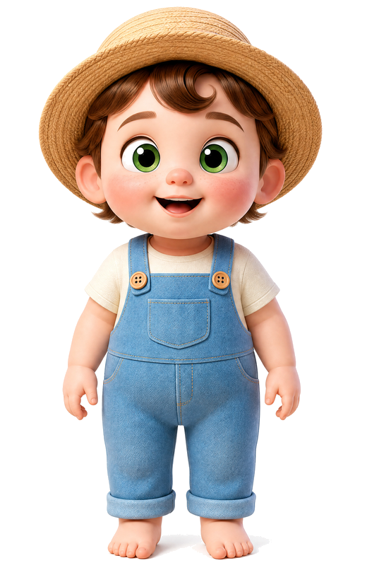 Tibino, a little farm boy in a straw hat and blue dungarees