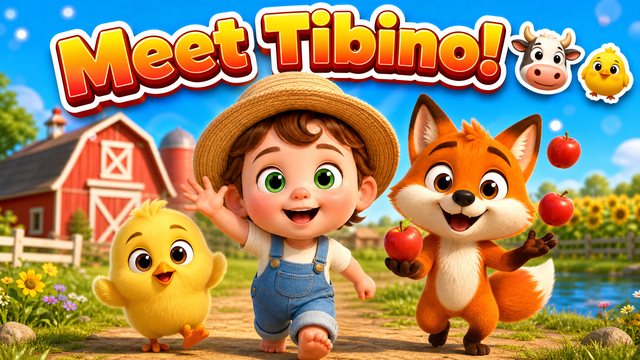 Meet Tibino — Tibino waving with Pip the chick and Foxy the fox on the farm