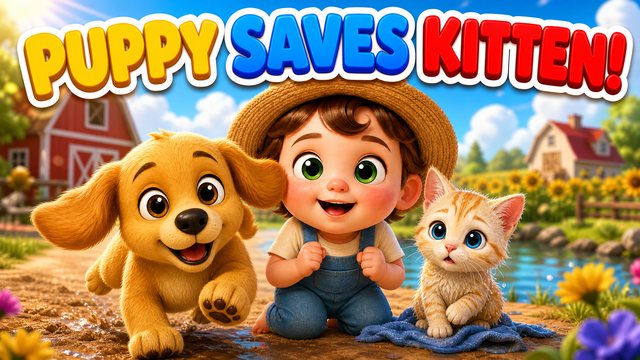 Puppy Saves Kitten — Storm the puppy and Tibino with the rescued kitten Milo