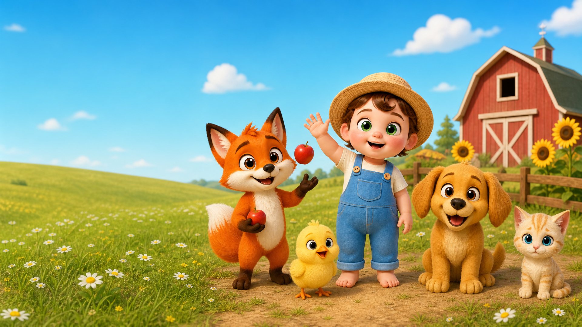 Tibino the little farm boy waving, with Foxy the fox, Pip the chick, Storm the puppy and Milo the kitten on a sunny farm